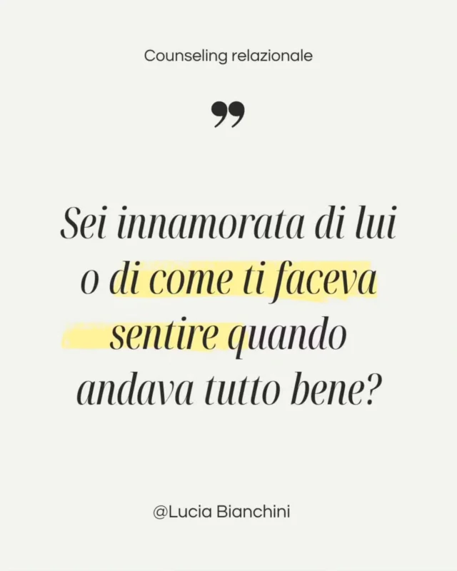 Accade di confondere l'innamoramento con la dipendenza da una sensazione: come la sua presenza ti faceva sentire. Di chi diventavi insieme a lui.

Ti guardava e per un istante ti sentivi completa. Come se il suo sguardo ti desse un valore che da sola non riuscivi a vederti. Ti sentivi importante, leggera, scelta.

Poi, col tempo, lui è cambiato. 
O forse hai iniziato a vederlo per com'era sempre stato. 
Hai messo in dubbio te stessa o hai attribuito il cambiamento al suo stress o ad altri motivi. 

Ti sei aggrappata a quello che di bello era rimasto e sei rimasta, convinta che potesse tornare quello di prima.

Ma se guardi bene... forse non è lui che ti manca. È come ti sentivi quando c'era lui. Quella sensazione di essere finalmente abbastanza. Di non essere sola. Di esistere.

Ecco, quella sensazione non l'ha data lui. 
L'hai creata tu, dentro di te, in risposta a lui.

Puoi riaverla. 

Anche senza di lui. 
Anzi, soprattutto senza di lui. 
Non perché lui sia il problema, ma perché il problema è far dipendere il tuo stato interiore da qualcuno che sta fuori da te.

In certi casi ha a che fare con uno stile di attaccamento dipendente. 
Il tuo benessere dipende da lui...
Il tuo umore, la tua pace, dipendono da come si muove lui.

È difficile ammetterlo, ma potrebbe essere utile approfondire.

💬 Scrivi DIPENDENZA nei commenti se vuoi ricevere l'approfondimento in privato e parlare con me.

#dipendenzaaffettiva #relazionitossiche #amorproprio #consapevolezza #crescitapersonale